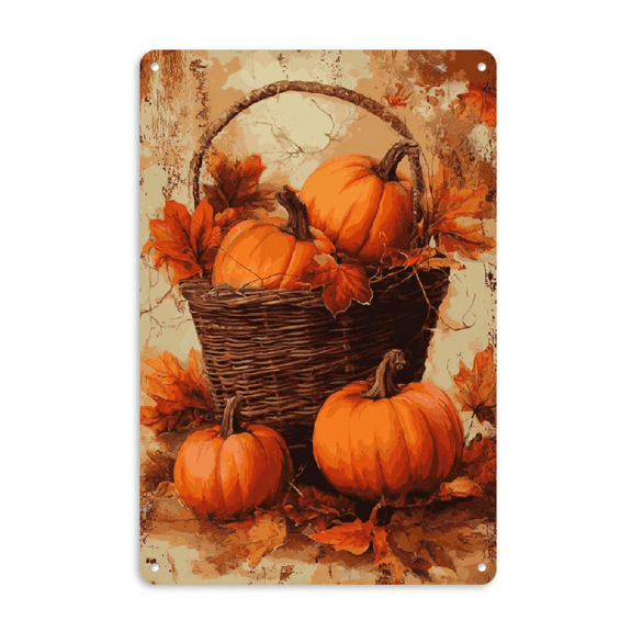 2D Flat, 1pc Vintage Pumpkin Basket Metal Tin Sign - Rustic Fall Leaves Orange Pumpkins in Wicker Basket - Heavy-Duty Iron-Look Metal Wall Decor - Farmhouse Kitchen, Living Room, Porch, Cafe 8x12 Inch