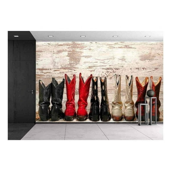 wall26 - American West Legend Cowgirl Leather Boots Rear Heel View in Straight Western Line - Removable Wall Mural | Self-Adhesive Large Wallpaper - 66x96 inches