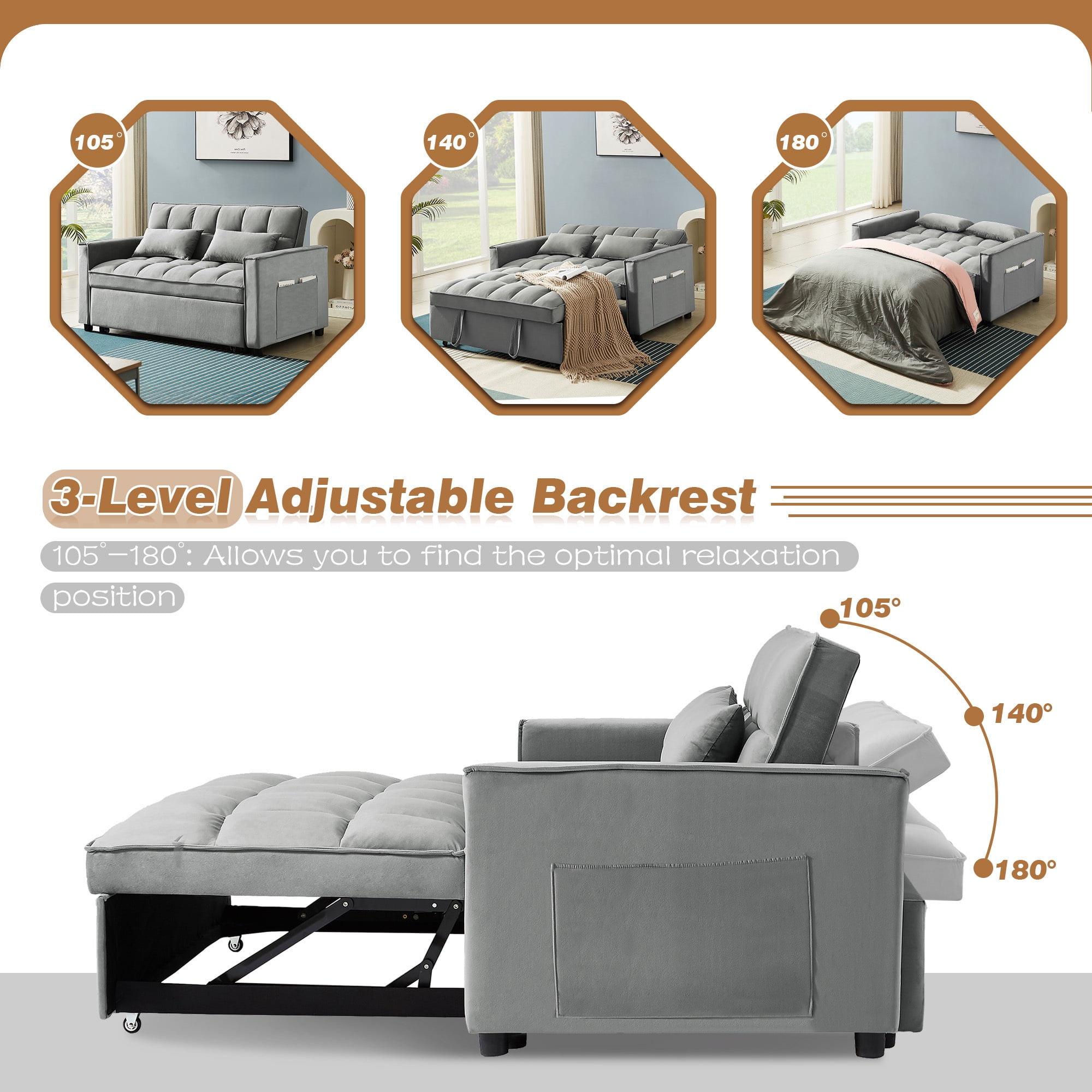 Lunale 4-in-1 Convertible Futon Sofa Bed, Pull Out Couch Beds Loveseat Sleeper, Gray Velvet