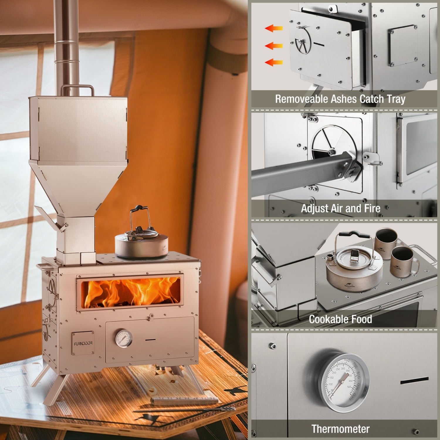WoBurning Stove with Oven - Portable Pellet Stove with Chimney Pipes, 304 Stainless Steel Outdoor Hot Tent Camping Stove for Winter, Hunting, Cooking, Hiking,Compatible with Wood/Pellets