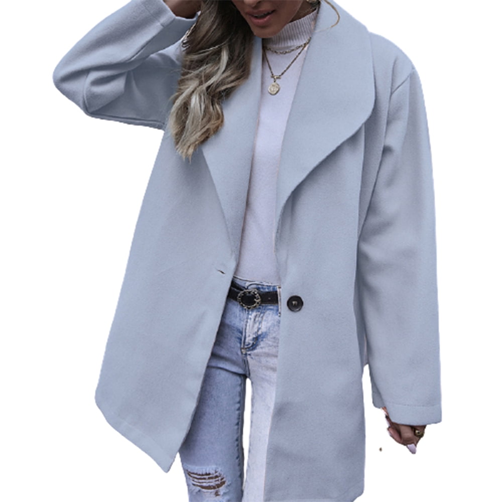 Women Fleece Coat Lapel Collar Medium Long Trench Coat Breasted