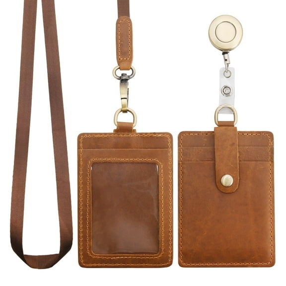 Wonderpool ID Badge Holder Genuine Leather Card Slots Case with Detachable Neck Lanyard and Retractable Badge Reel for Office School Hospital Exhibition ID & Driver Licence (Brown)