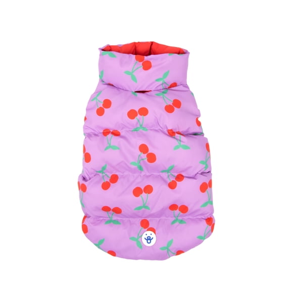 Oodles Cherry Print Quilted Puffer Fall Dog Jacket, Purple, Small