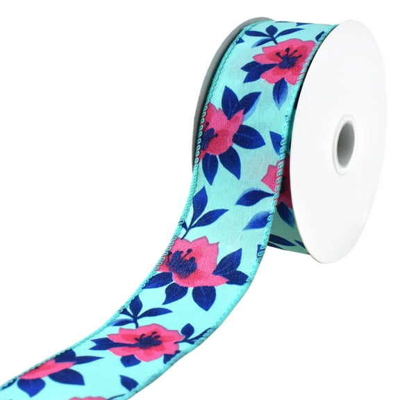 Printed Spring Magnolias Wired Ribbon, 1-1/2-inch, 10-yard, Aqua