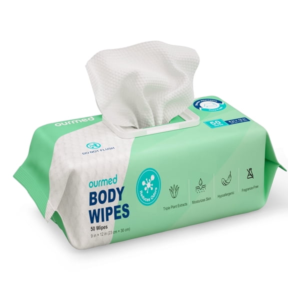 Ourmed No Rinse Body Wipes, 50Ct, 9 x 12 in Extra Large Thick Unscented Bath Wipes, Gentle Skin Cleansing Cloths
