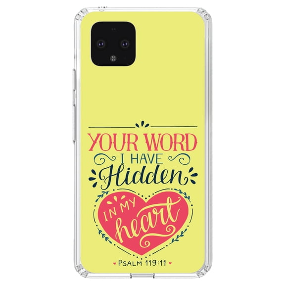 DistinctInk Clear Shockproof Hybrid Case for Google Pixel 4 (5.7" Screen) - TPU Bumper, Acrylic Back, Tempered Glass Screen Protector - Psalm 119:11 - Your Word I have Hidden in My Heart