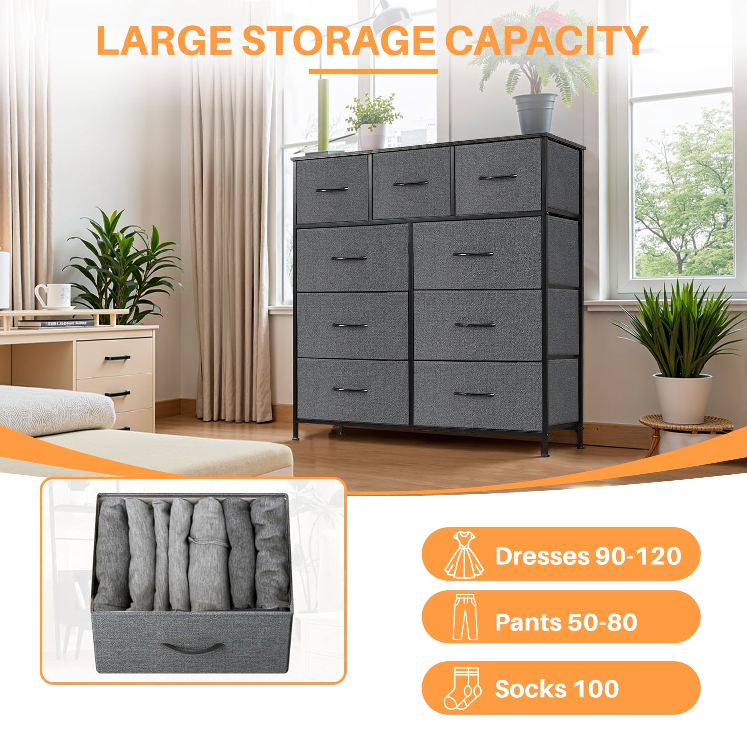 Simenmax 9 Drawers Dresser for Bedroom, Tall Fabric Closet Chests Organizer Tower Furniture with Wooden Top Metal Frame for Clothes, Room, Living Room, Hallway, Entryway,Gray