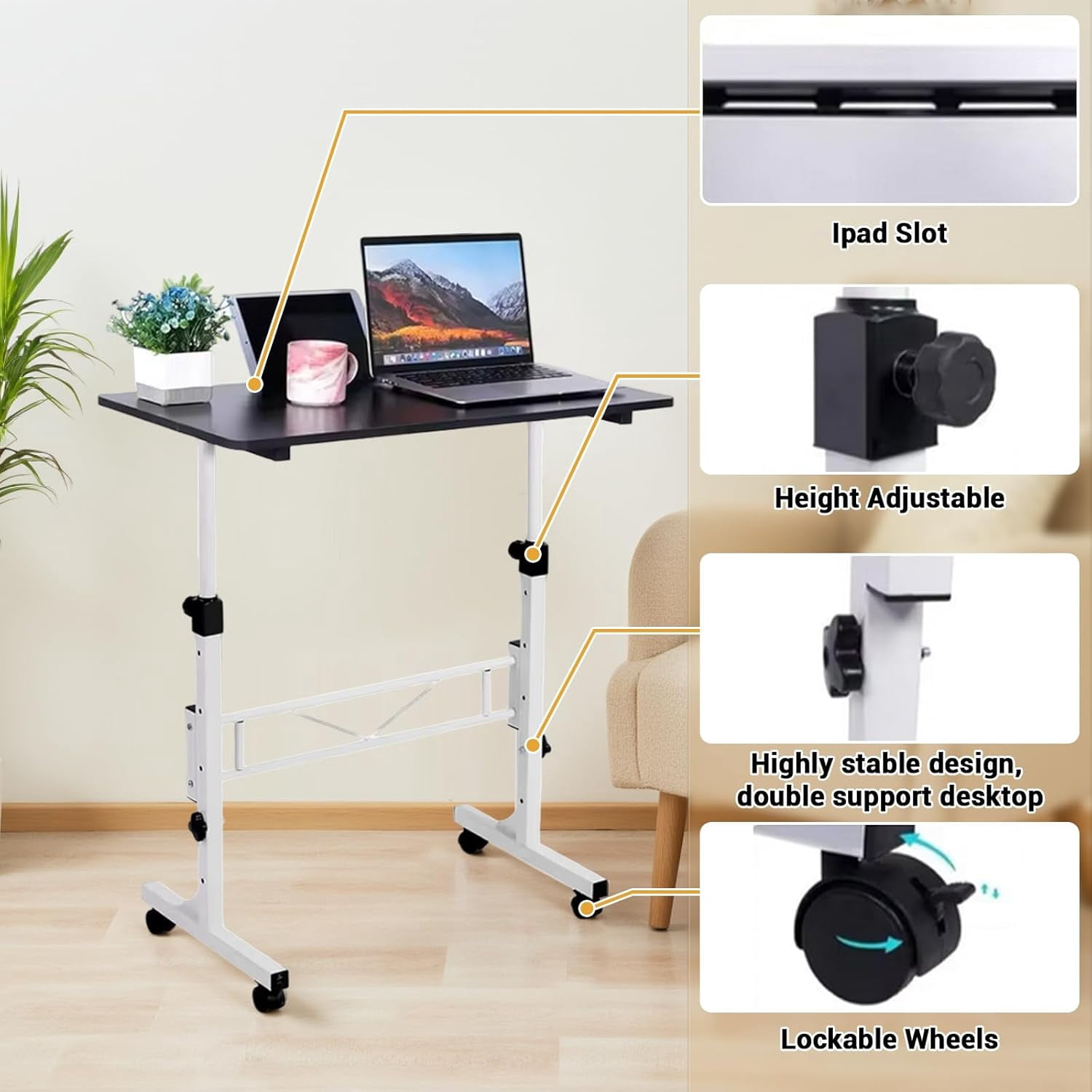Moblie Standing Desk, Height Adjustable Sit Stand Table, Rolling Table Standing Desk Computer Workstations Pottable for Home Office, Black