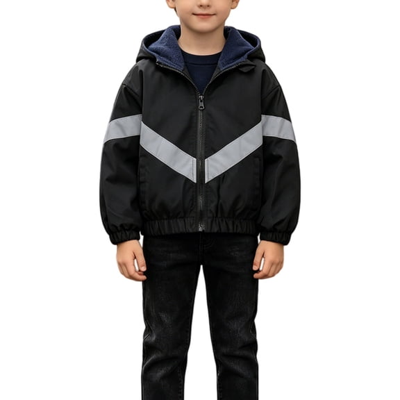 Boy Fleece Lined Hooded Windbreaker Jacket Reflective Stripe Zip up Lightweight Outerwear Winter Jacket Easy to Fold Raincoat