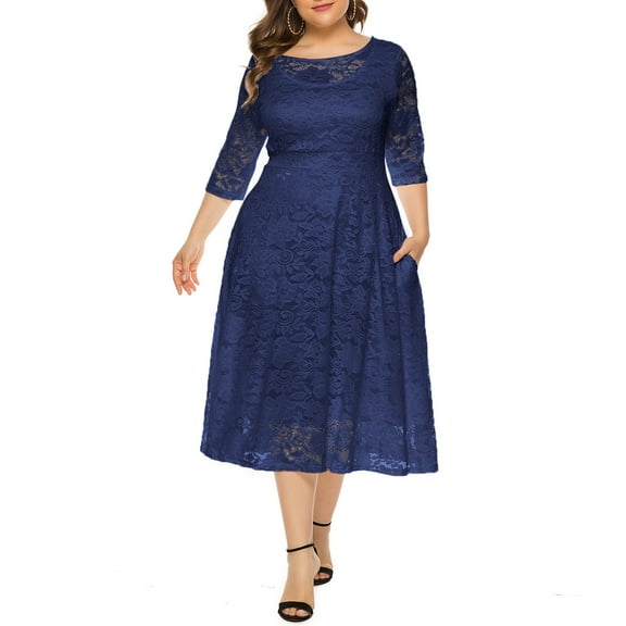 Zermoge Plus Size Dresses for Women Ladies Women's Fashion Large Size Hollow Lace Pocket Dress Evening Dress Long Skirt