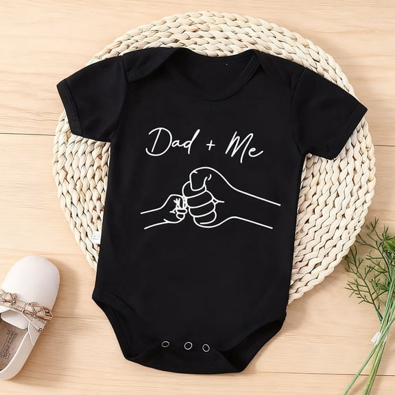 Infant's "Dad Me" Fists Bump Print Thin Bodysuit, Comfy Short Sleeve Onesie, Baby Boy's Outdoor Clothing,Black