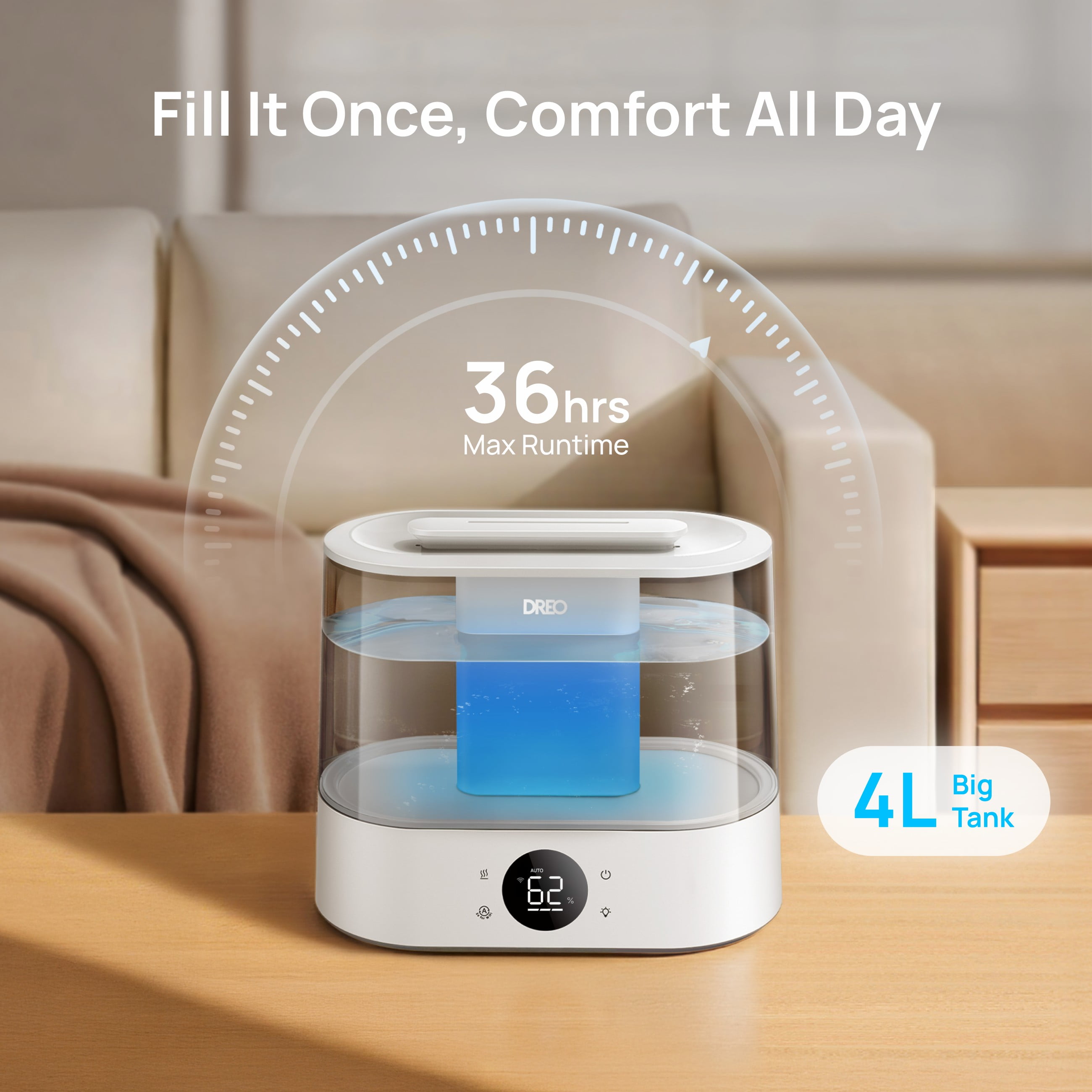 DREO Smart Humidifier for Room, 4L Cool Mist Top-Fill Ultrasonic Humidifier, Touch/APP/Voice Control, 36H Runtime, 28dB quiet, Essential Oil Diffuser & Customizable RGB Light Humidifier for Bedroom