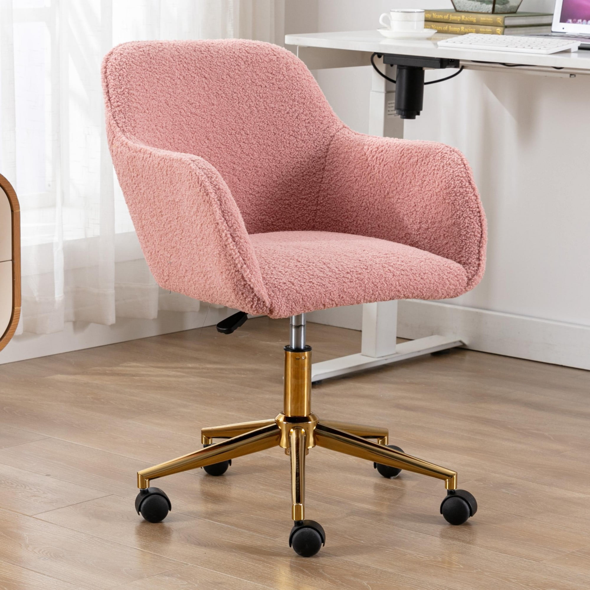 Pink Office Chair,Swivel Home Office Chair with Wheels,Modern Teddy Vanity Task Computer Chair with Adjustable Height