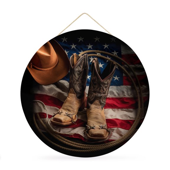 Welcome Sign for Front Door,Cowboy Boots Hat Round Metal Welcome Front Porch Decoration,American Flag Vintage Artwork Entryway Wall Hanging Sign for Living Room Kitchen Hallway Housewarming Gift 12''