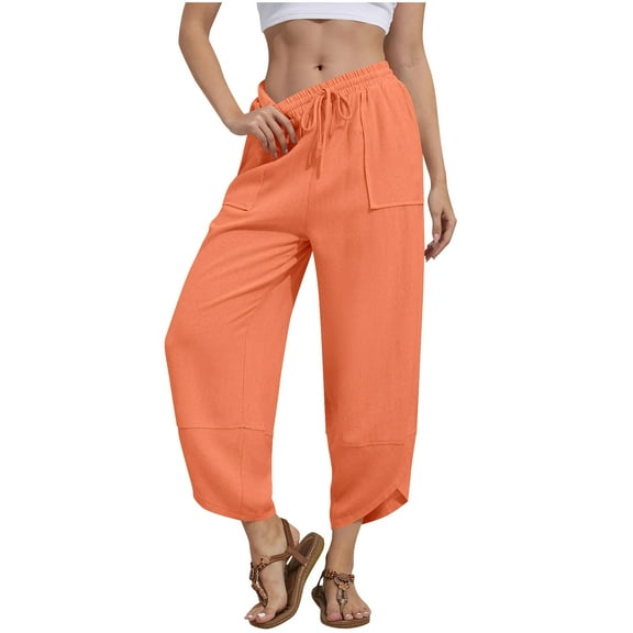 Wensltd Women Solid Color Baggy Wide Leg Pants Casual Elastic Waist Pocket Pants