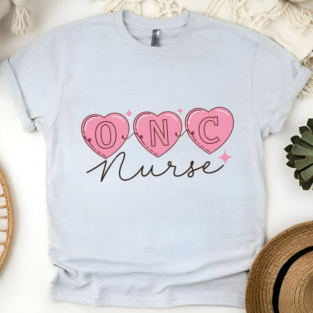 Oncology Nurse Graphic T-Shirt with Pink Heart Design, Ash, Size L