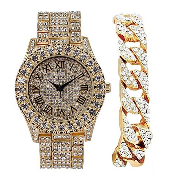 Charles Raymond Mens Silver Big Rocks with Roman Numerals Fully Iced Out Colorful Dial Wristwatch w/Blinged Out Cuban Shiny Silver Bracelet - ST10327 RN Cuban (Gold Black R #)