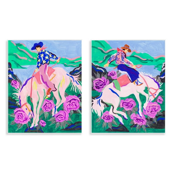 Stupell Industries Vivid Rearing Cowboys Entertainment Painting Unframed Art Print Wall Art, 11 x 14, Set of 2