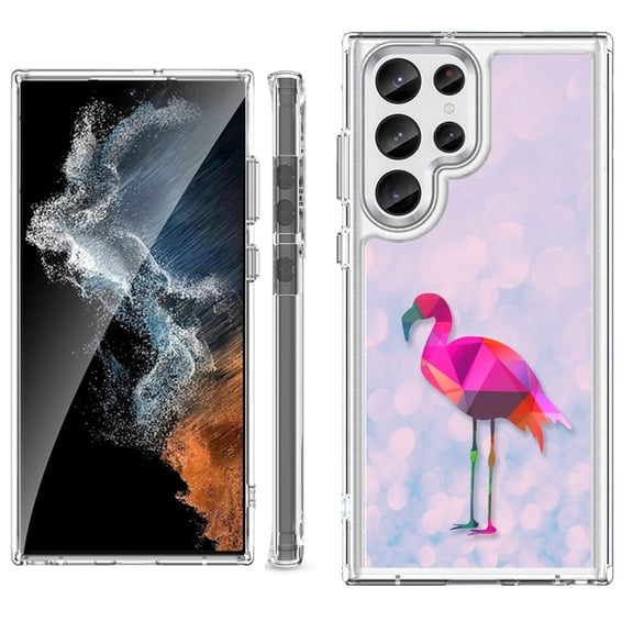 Shockproof Bumper Phone Case for Samsung Galaxy S23 Ultra 5G, by OneToughShield ® - Flamingo / Polygon