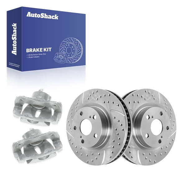 AutoShack Front Vented Drilled & Slotted Silver Zinc Coated Brake Rotors   Calipers 4-PC Brake Kit Replacement for 2006-2009 Toyota RAV4 SilverShield Pro 10.83" (275 mm)