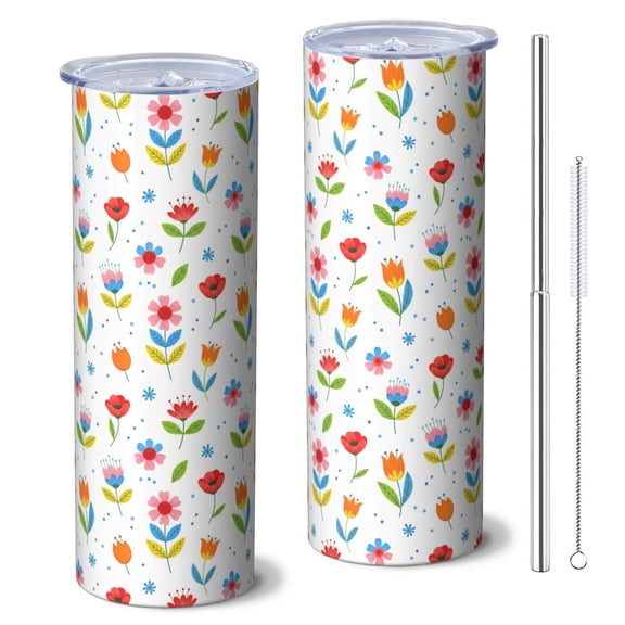 Pioneer Flower Floral Print Pattern 20oz Skinny Tumbler with Straw & Lid, Double Wall Vacuum Insulated Cup, Leak-Proof, Cup Holder Friendly, Hot 6H Cold 12H