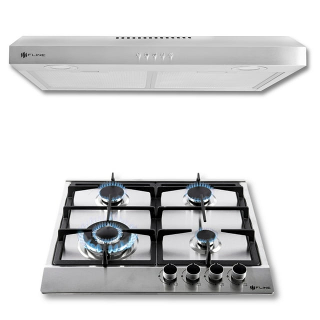 FLINE | Combo parrilla de gas y Campana Acero Inoxidable | 60 cm| 4 quemadores| acero inoxidable | 3 velocidades | LU4TA60