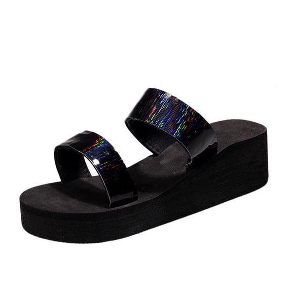 Anuirheih Clearance Slip on Sandals Women,Fashion Women's Shoes Casual Round Toe Wedge Heel Slippers Sandals(Black)