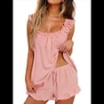 thumbnail image 3 of Conjunto de Pijama de 2 Piezas para Mujer con Volantes, Camiseta Sin Mangas y Pantalones Cortos Suaves, Pijama de Novia para Mujer. Rosa Oscuro S, 3 of 9