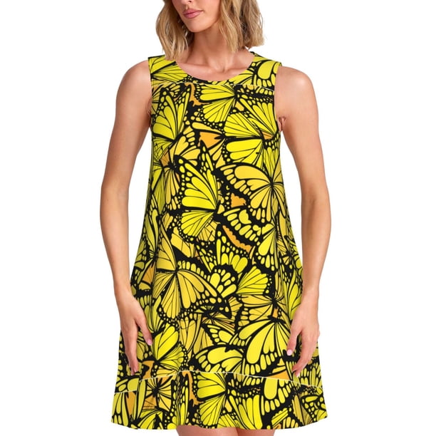 Fotbe Yellow Butterflies Vestido de Verano sin Mangas para Mujer – Vestido Midi Línea A, Estilo Camiseta Floral, Vestido Playero Casual y Fluido