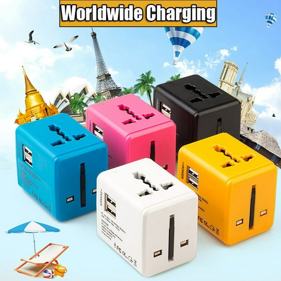 Adaptateur de Voyage Universel, Noir, Adaptateur d'Alimentation International avec 2 Ports USB-A, Adaptateur de Prise de Voyage Européen, Prise CA Mondiale, Chargeur Mural pour US Europe UK AUS