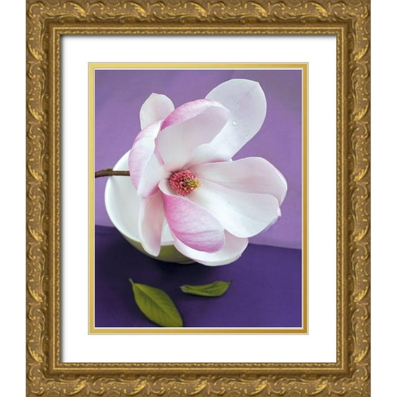 Beyler, Catherine 26x31 Gold Ornate Wood Framed with Double Matting Museum Art Print Titled - Composition Zen - Fleur de Magnolia sur coupe verte