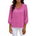 thumbnail image 6 of QATAINLAV Elegant Smocked Trim V Neck Shirts for Women Casual 3/4 Length Sleeve Blouse Solid Color Dressy Loose Business Tops Hot Pink XXL, 6 of 10