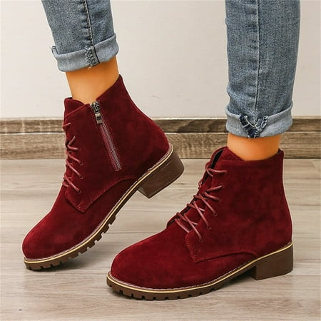 

MIASHUI Ladies Vintage Solid Flock Lace Up Side Zipper Thick Heel Fashion Short Boots Autumn Winter Casual Shoes for Women