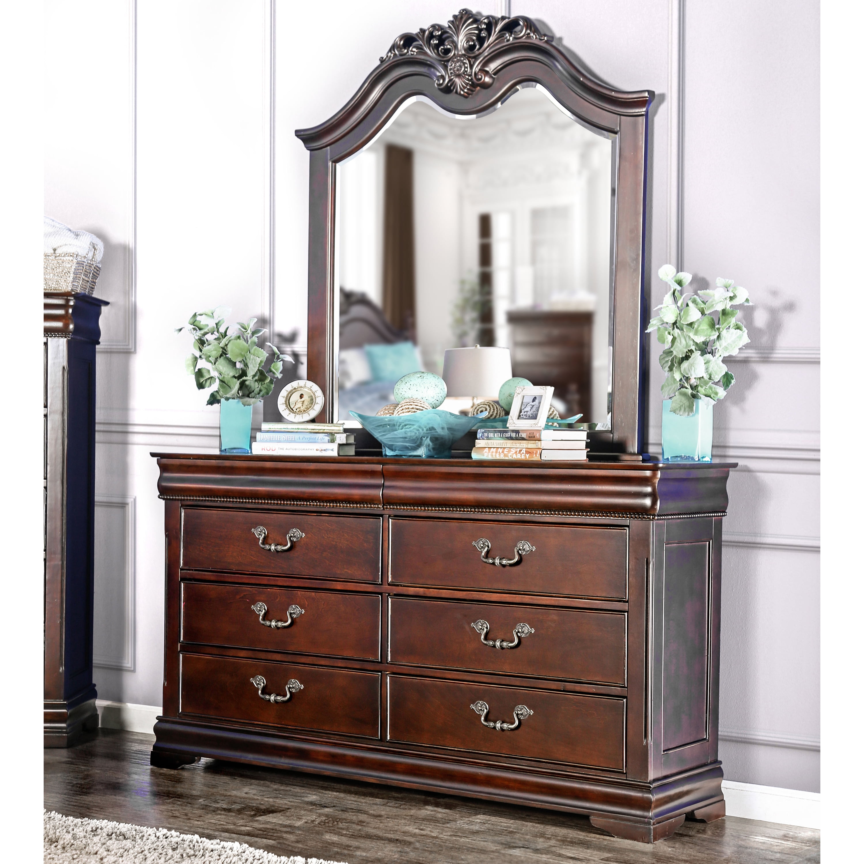 Furniture of America Leonora Traditional Dresser and Mirror Set, Cherry