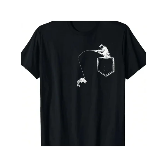 Men's Funny Fishing Pocket Graphic T-Shirt, Bass Angler Short Sleeve Tee