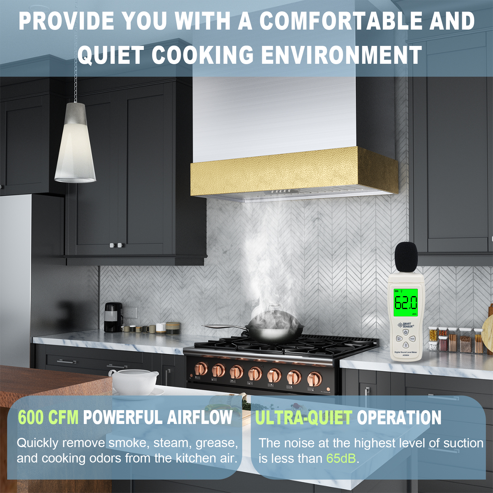 Akicon 600 CFM Wall Mounted Range Hood, Stainless Steel Range Hood 30 inch, Energy Saving, Ducted Kitchen Hood for Cooking, Powerful Vent Motor, Brushed Stainless with Gold