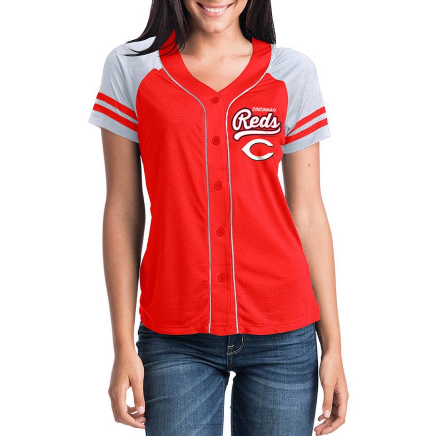 MLB Cincinnati Reds Women's Short Sleeve Button Down Mesh Jersey