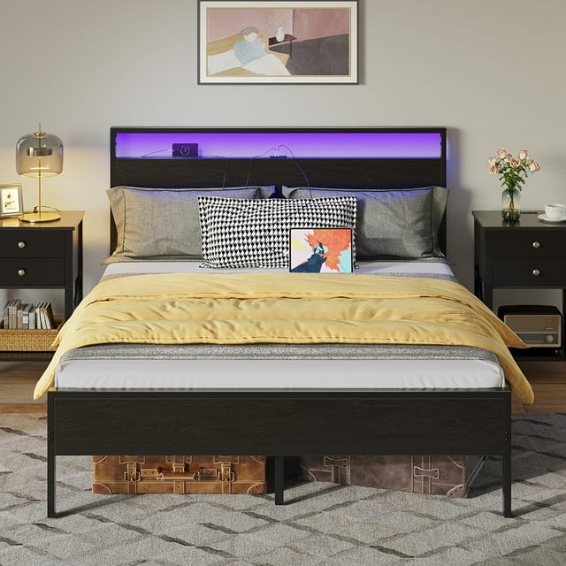 Greenstell Full Size Bed Frame with LED Lights, USB Outlets & Under-Bed Storage, Modern Headboard for Bedroom,Black