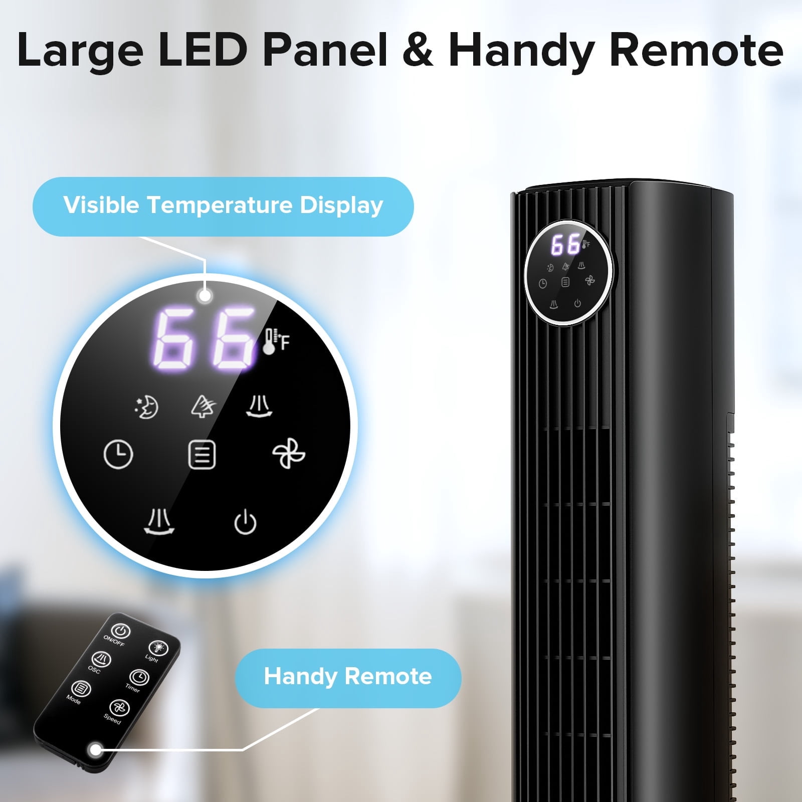 Electactic 35" Bladeless Tower Fan, Quiet Oscillating Fan with Remote, 4 Modes & 3 Speeds, 12H Timer, LED Display, Safe for Kids & Pets, Ideal for Bedroom & Home (Black)