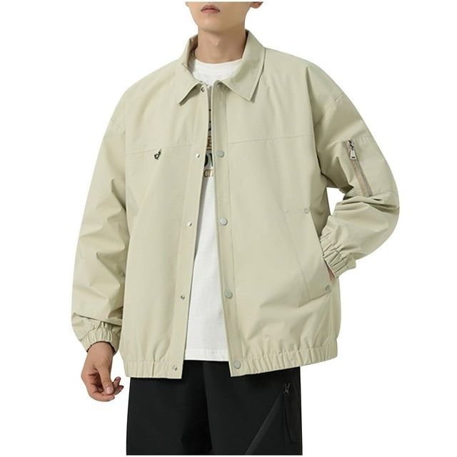 LOVZFMLL Jackets for Men Man Flip Collar Solid Color Easy Shuai Work Clothes Outdoors Zipper Pocket Loose Coat
