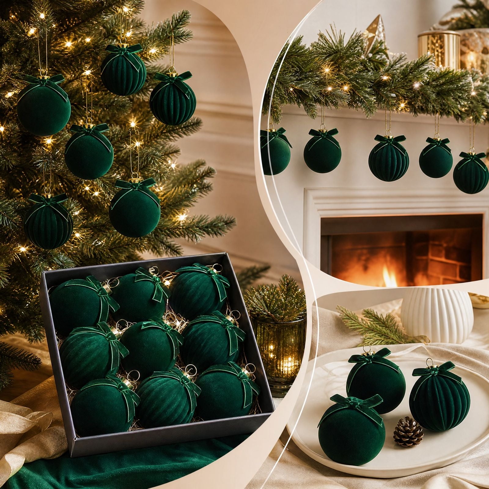 Christmas Tree Ornaments Velvet Bow and Flocked Ball Hanging Decorations Christmas Tree Decor for Holiday Home Party 12 Pack