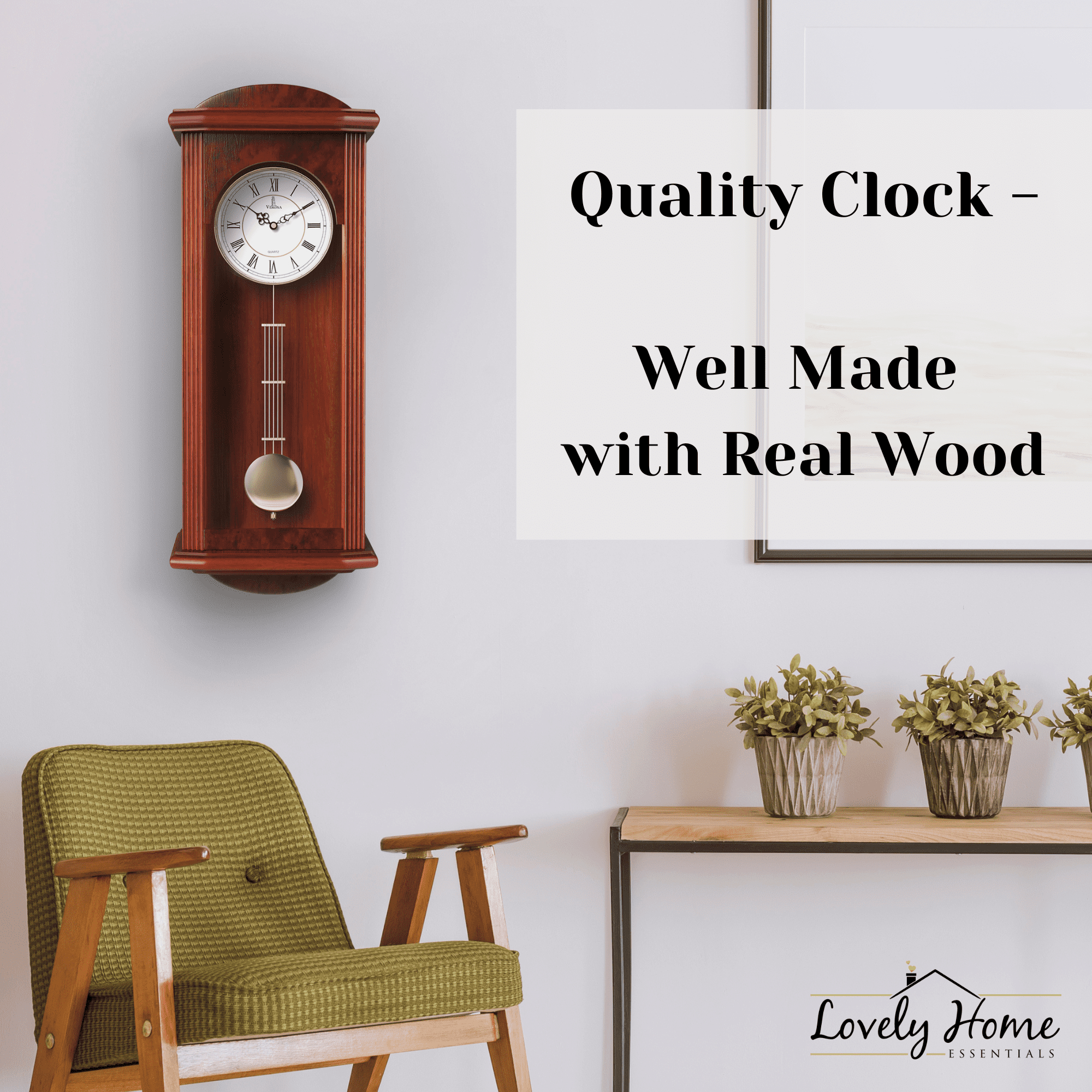 Pendulum Wall Clock, Silent Decorative Wood Clock with Swinging Pendulum, Battery Operated, Large Red Wooden Design, for Living Room, Kitchen, Office & Home Décor, 26.75 x 11.5 inches