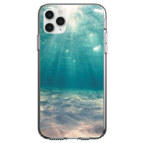 DistinctInk Clear Shockproof Hybrid Case for iPhone 13 Pro MAX (6.7" Screen) - TPU Bumper, Acrylic Back, Tempered Glass Screen Protector - Underwater Sun Sand