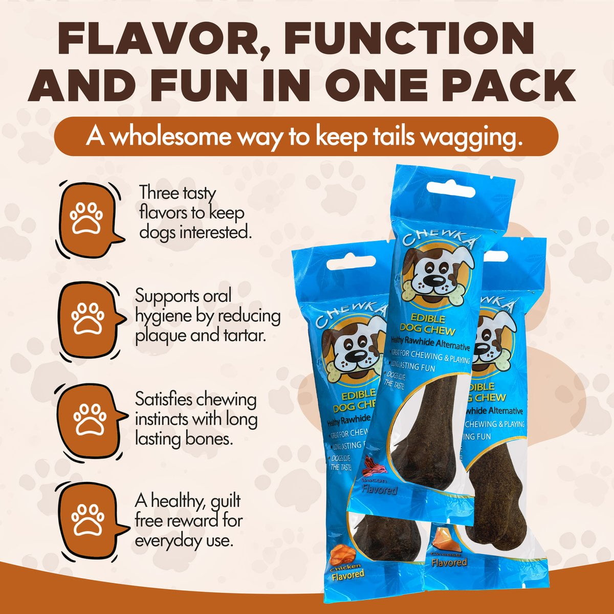 Scoochie Pet Chewka Mixed Variety Pack Bacon, Chicken & Cheese Flavored Plant-Forward Fully Digestible Dog Chew Bone, Medium, 12CT