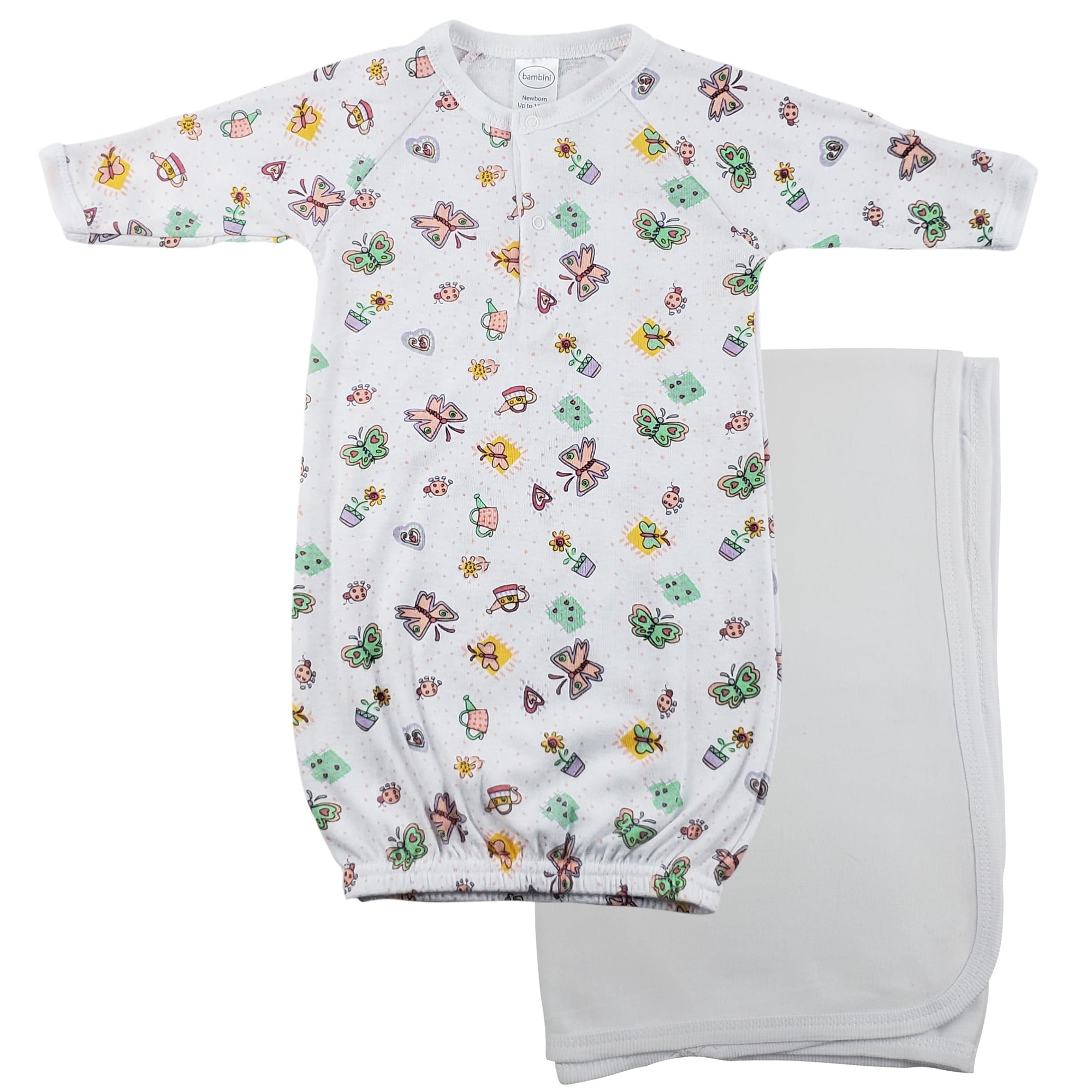 CS-0102 Print Infant Gown & Recieving Blanket, White - Newborn