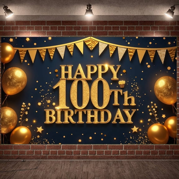 Gold Glitter Happy 100th Birthday Banner Dark Blue Background Centenarian Birthday Backdrop Luxurious Design Sparkling Finish 100th Milestone Display for Centenarian Celebrations Home Gatherings