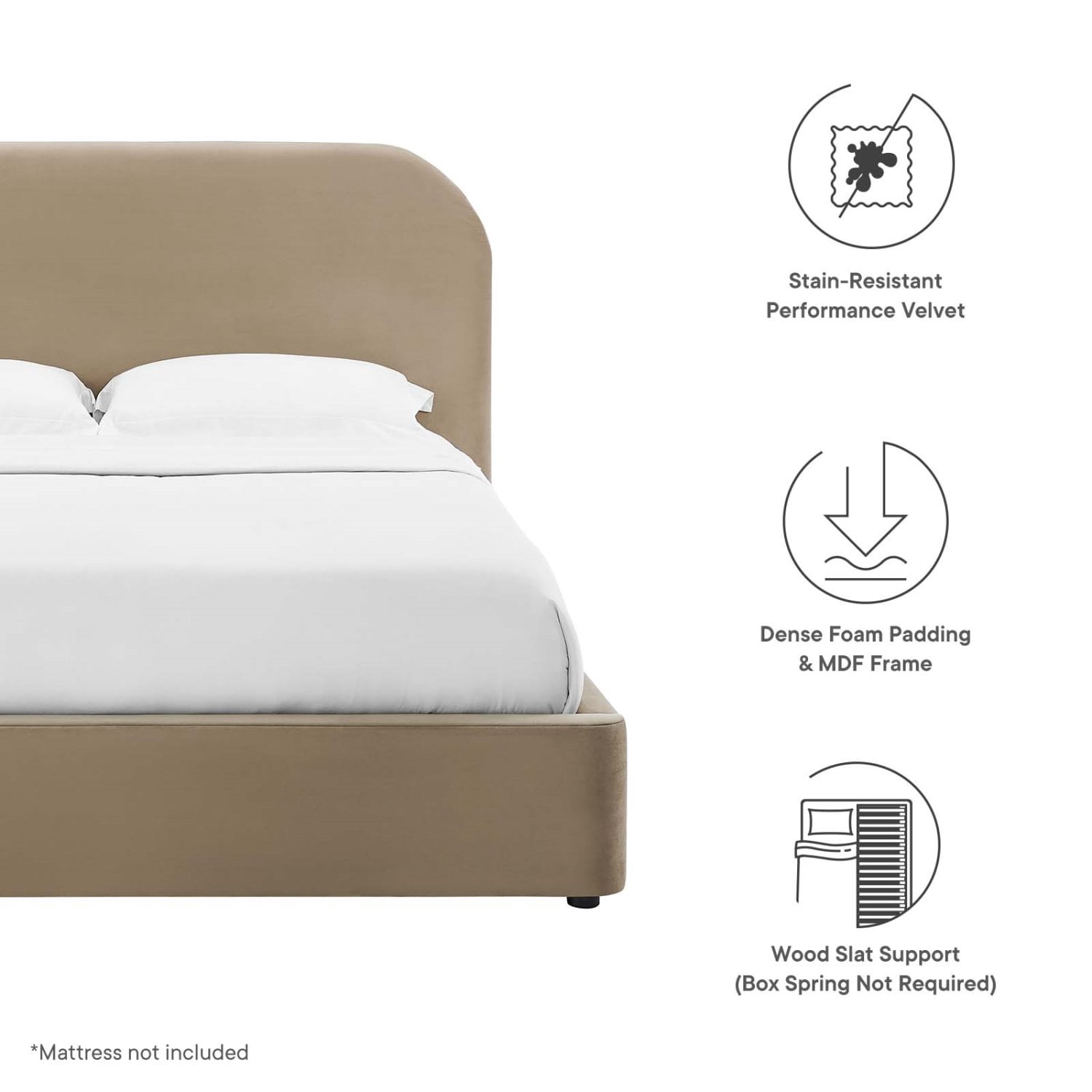 Platform Bed Frame, King Size, Taupe Gray, Velvet, Bedroom, Modern Contemporary Boutique HB36815