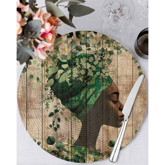 13 Inch Round Placemats Set of 6, Sage Green Black Women Non Slip Heat Insulation PP Table Mats, Spring Eucalyptus Brown Wooden Washable Place Mats for Kitchen Dining Party Table Decor