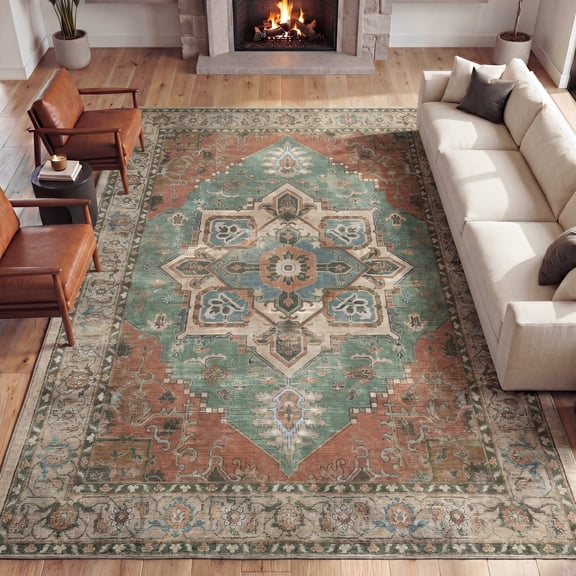 JONATHAN Y WASHABLE Sersi Ornate Large Medallion 5' x 8' Area Rug, Green and Brown Vintage Traditional Machine-Washable Polyester Indoor with Non-Slip Backing Living Room WSH505D-5