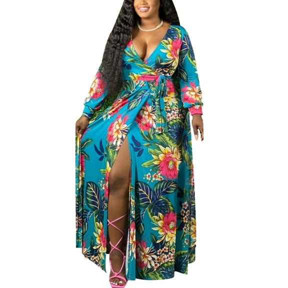 Brimisal Women Night Dress Plus Size Wrap V Neck Long Sleeves Floral Printed Swing Dress with Belt